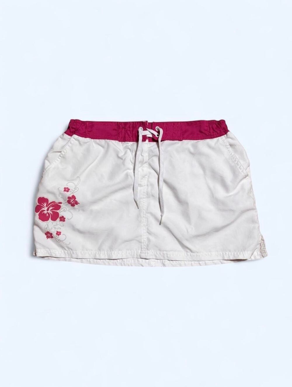 Vtg Y2K Culture Sud Pink White Hibiscus Print Miniskirt Coastal Beach Size M/L